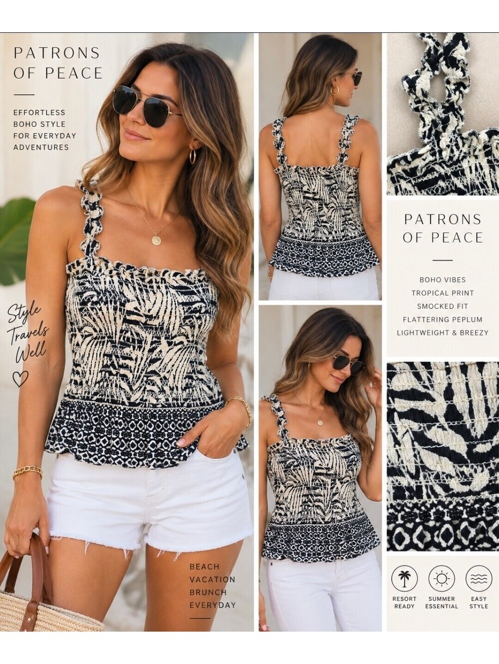 Patrons of Peace Women’s Large Smocked Peplum Tank Top Black Cream Boho